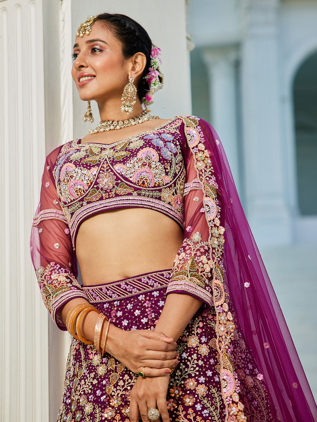 Burgundy net with Coding & Zarkan embroidery Lehenga choli & Dupatta