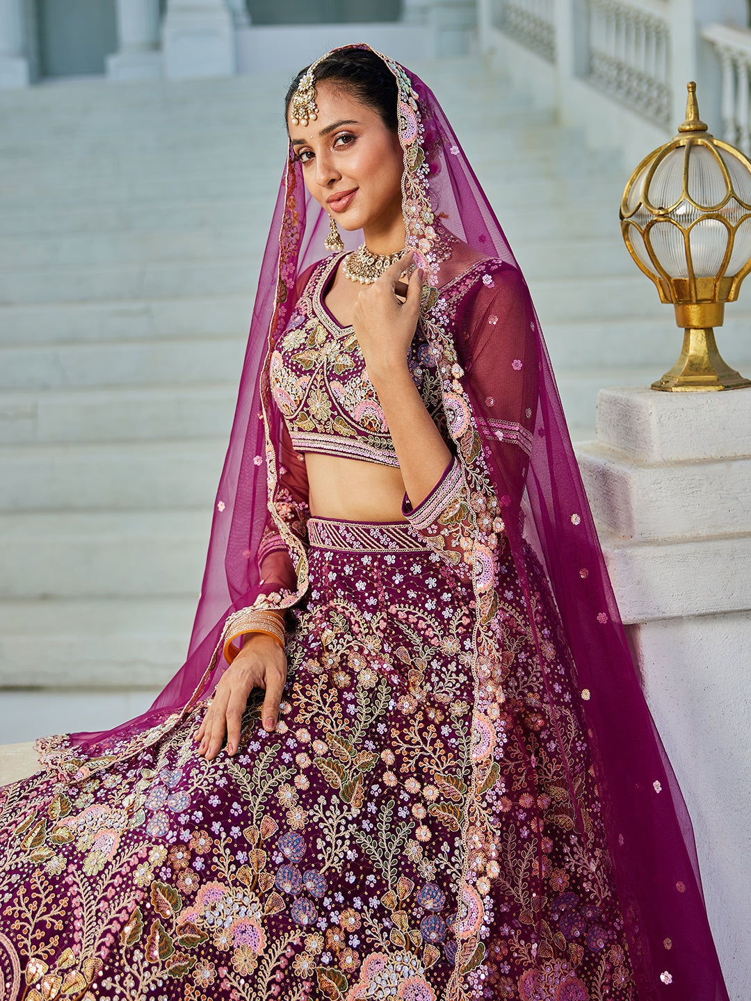 Burgundy net with Coding & Zarkan embroidery Lehenga choli & Dupatta