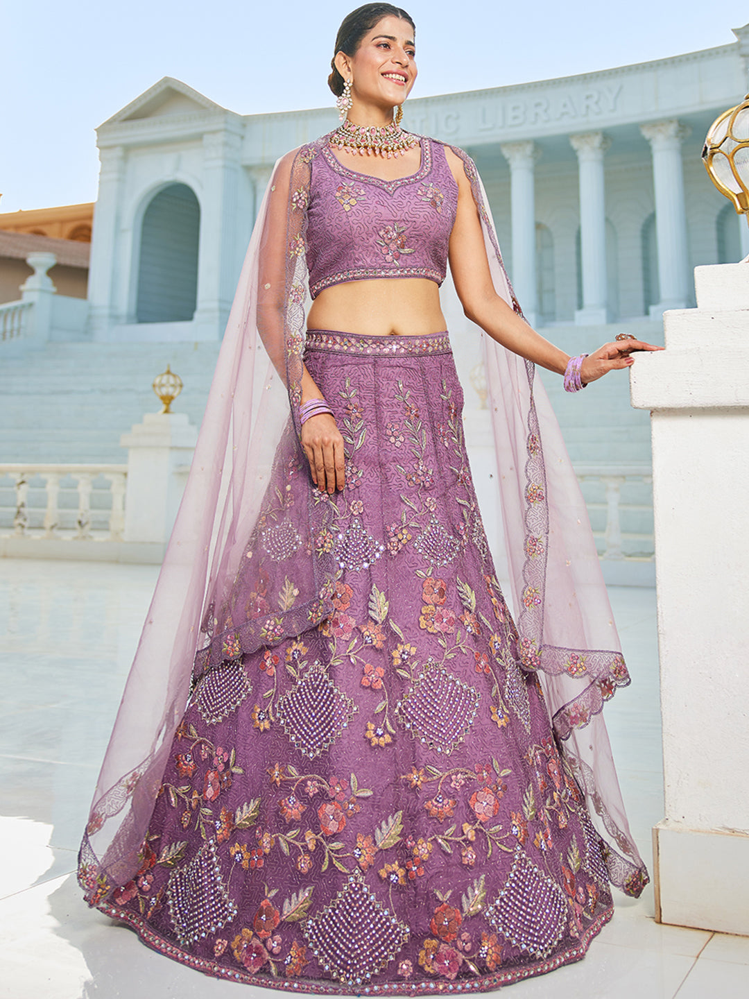 Purple net with Coding & Zarkan embroidery Lehenga choli & Dupatta