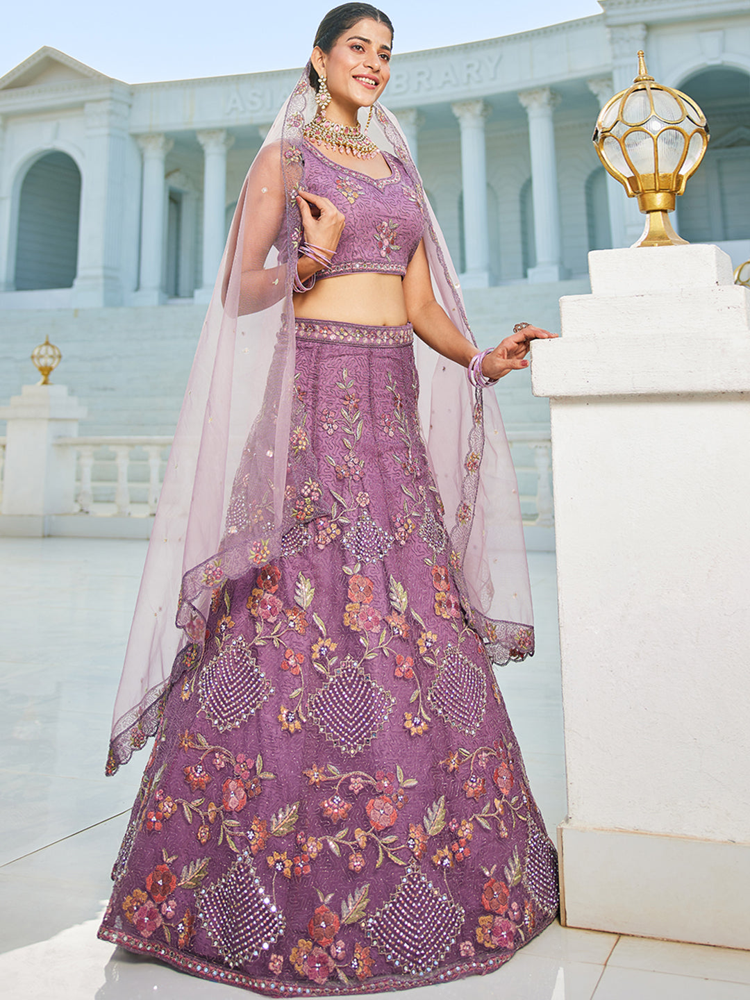 Purple net with Coding & Zarkan embroidery Lehenga choli & Dupatta