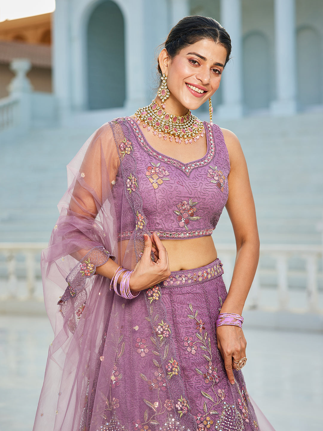 Purple net with Coding & Zarkan embroidery Lehenga choli & Dupatta