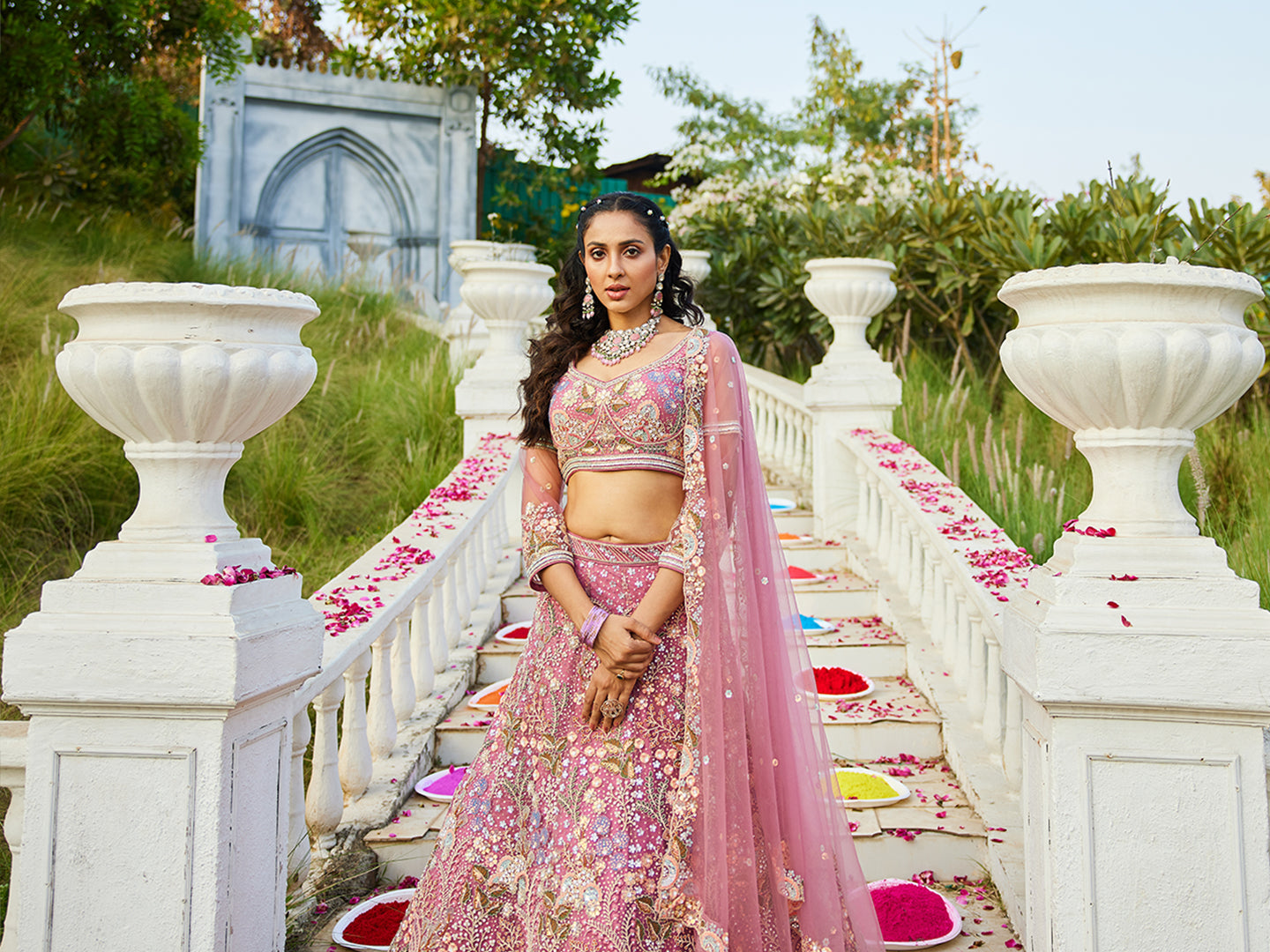 Pink net with Coding & Zarkan embroidery Lehenga choli & Dupatta
