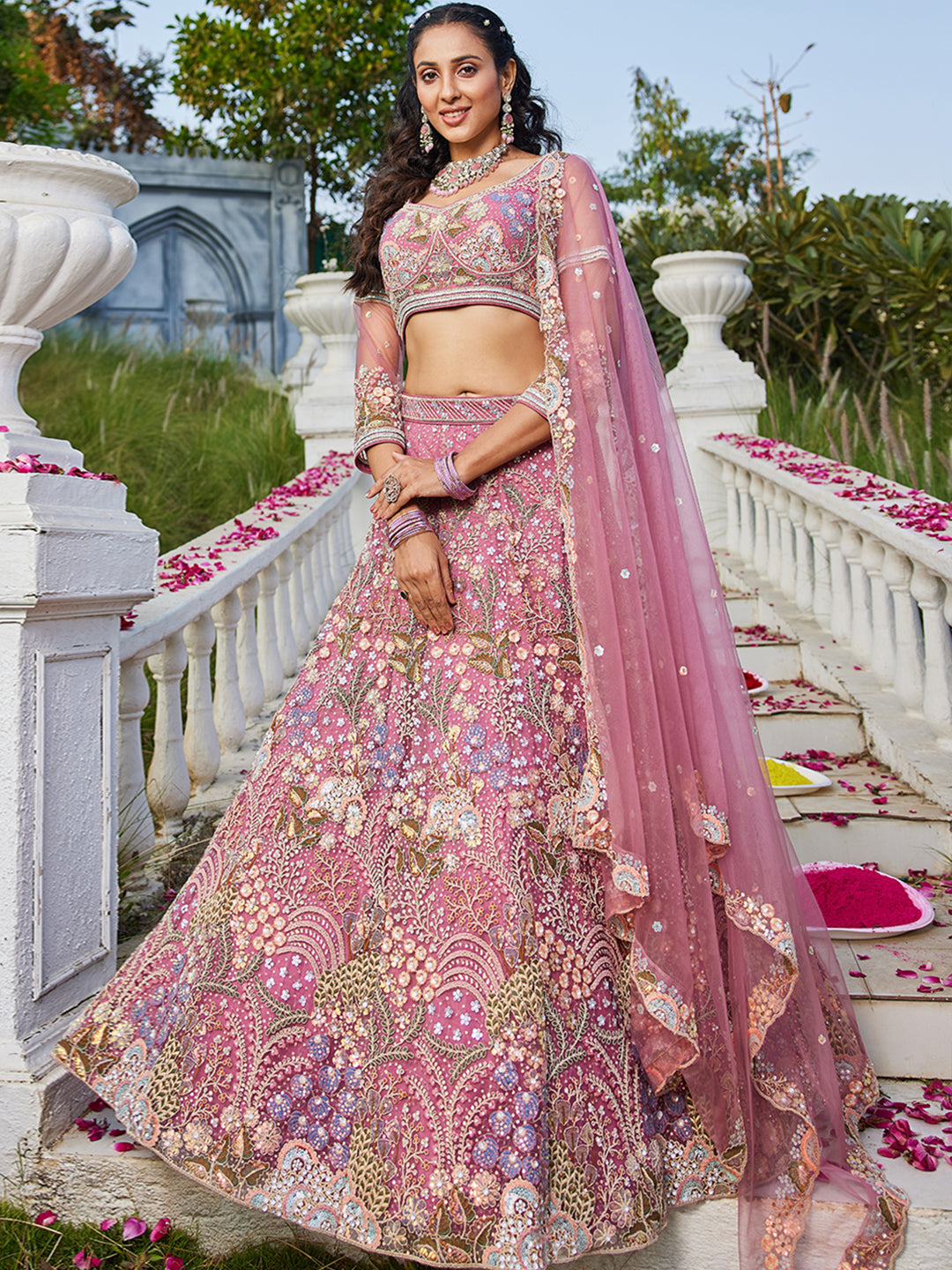 Pink net with Coding & Zarkan embroidery Lehenga choli & Dupatta