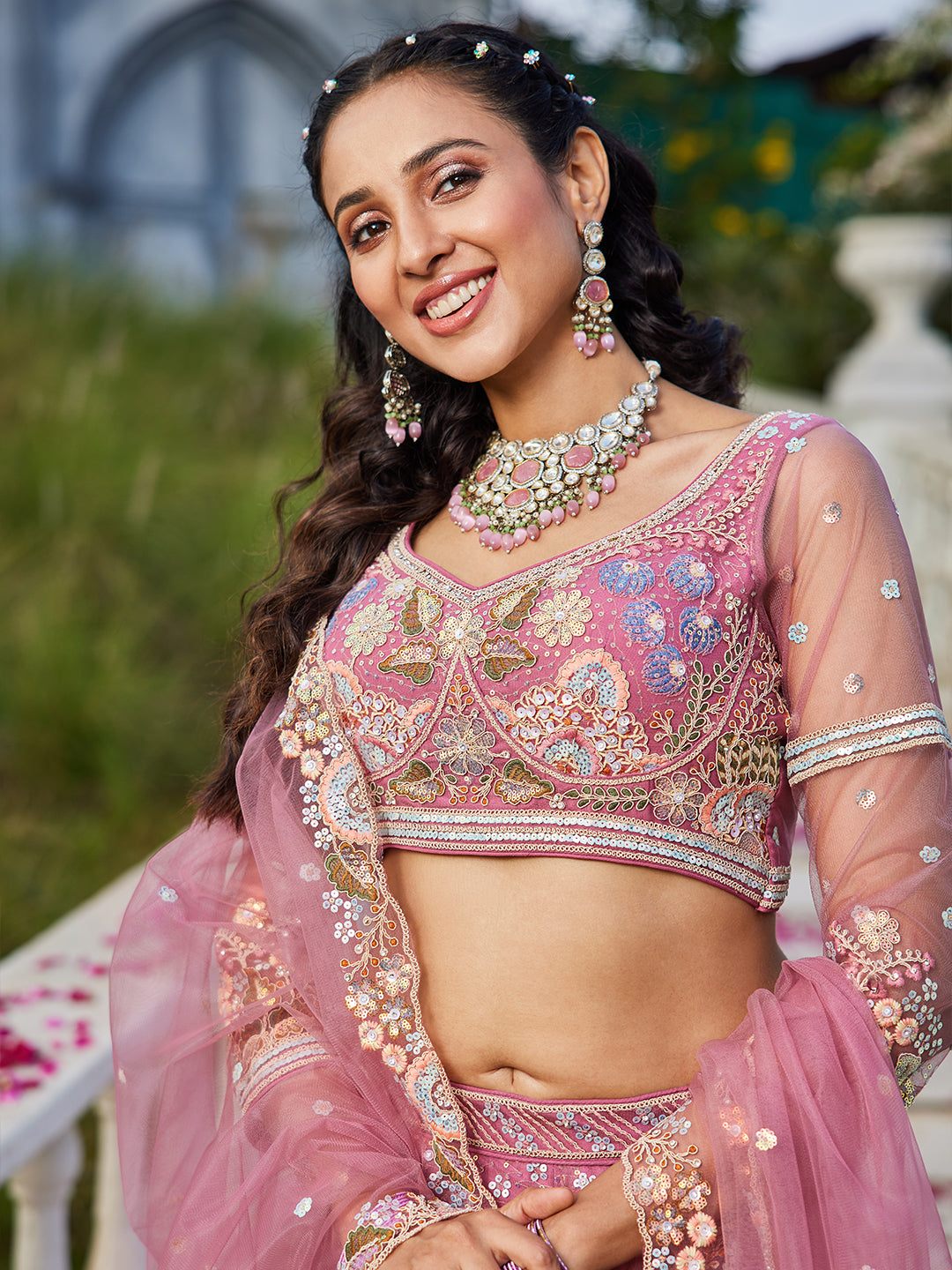 Pink net with Coding & Zarkan embroidery Lehenga choli & Dupatta