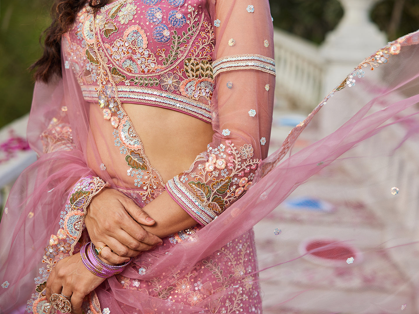 Pink net with Coding & Zarkan embroidery Lehenga choli & Dupatta