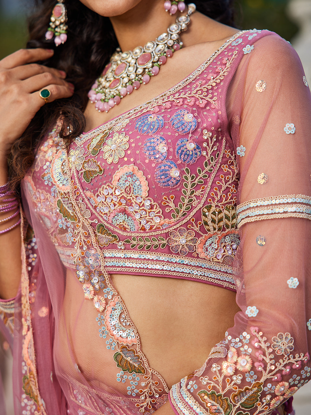 Pink net with Coding & Zarkan embroidery Lehenga choli & Dupatta