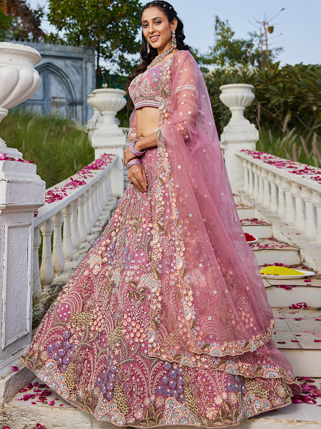 Pink net with Coding & Zarkan embroidery Lehenga choli & Dupatta