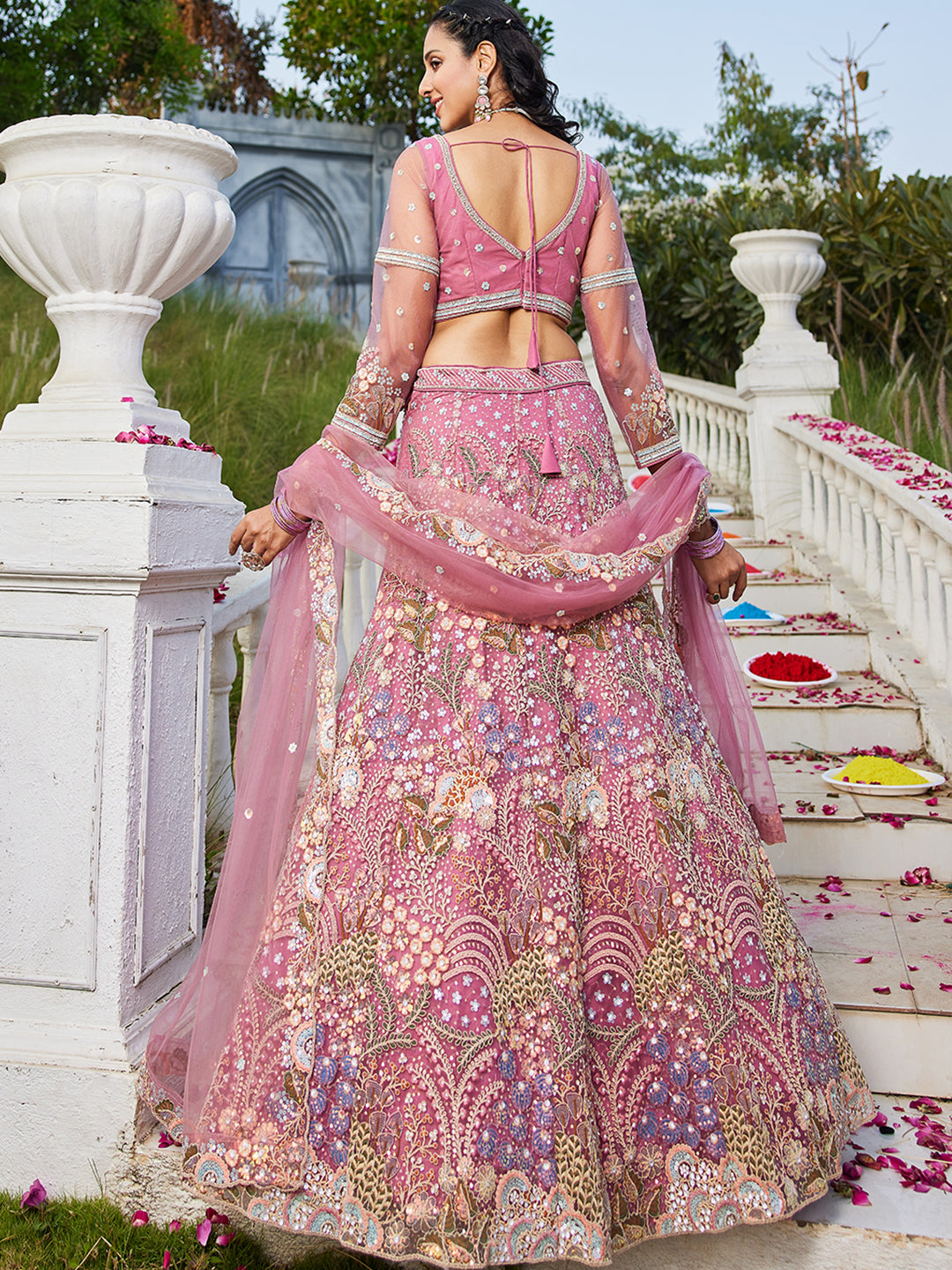 Pink net with Coding & Zarkan embroidery Lehenga choli & Dupatta