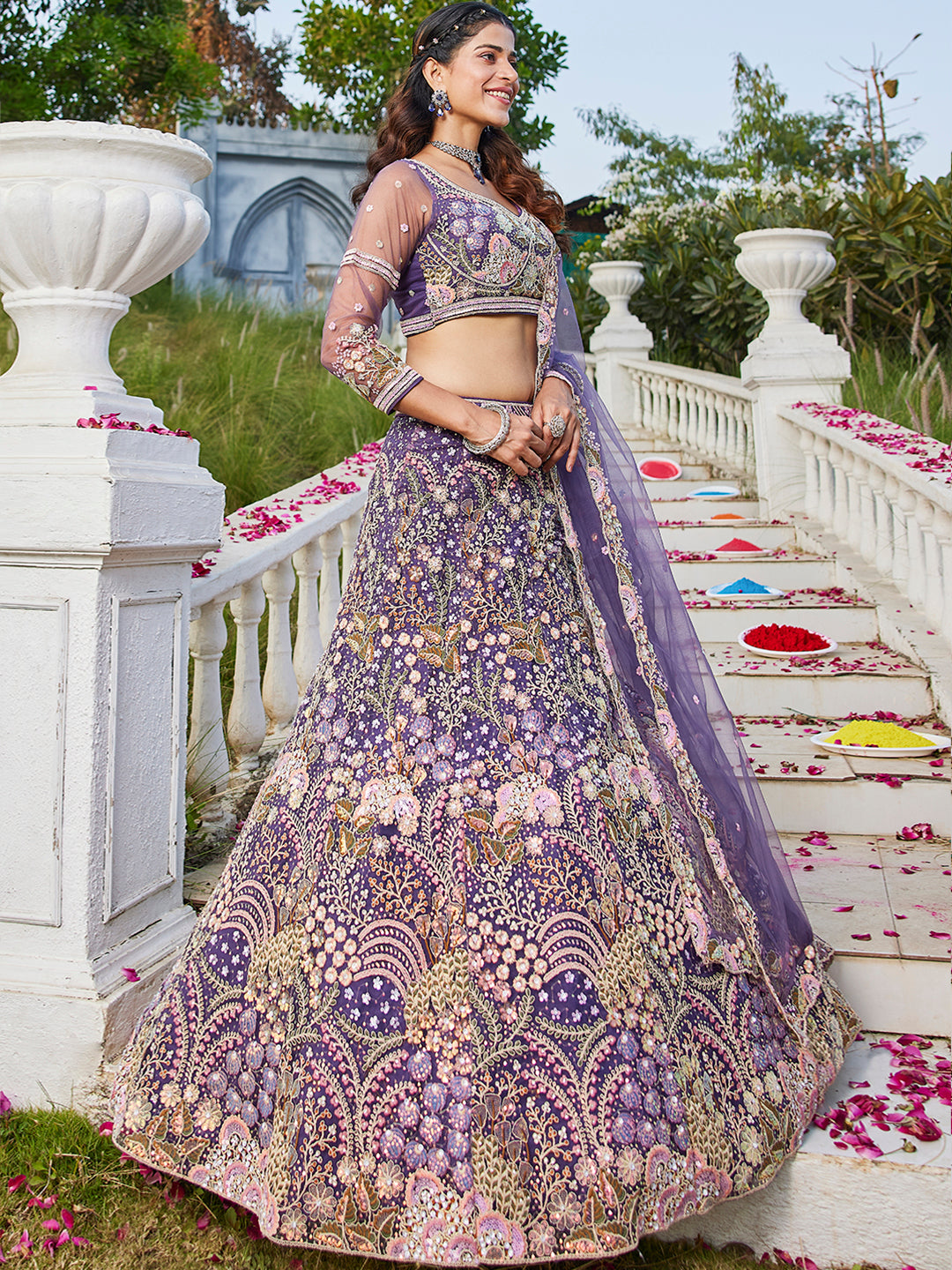 Purple net with Coding & Zarkan embroidery Lehenga choli & Dupatta