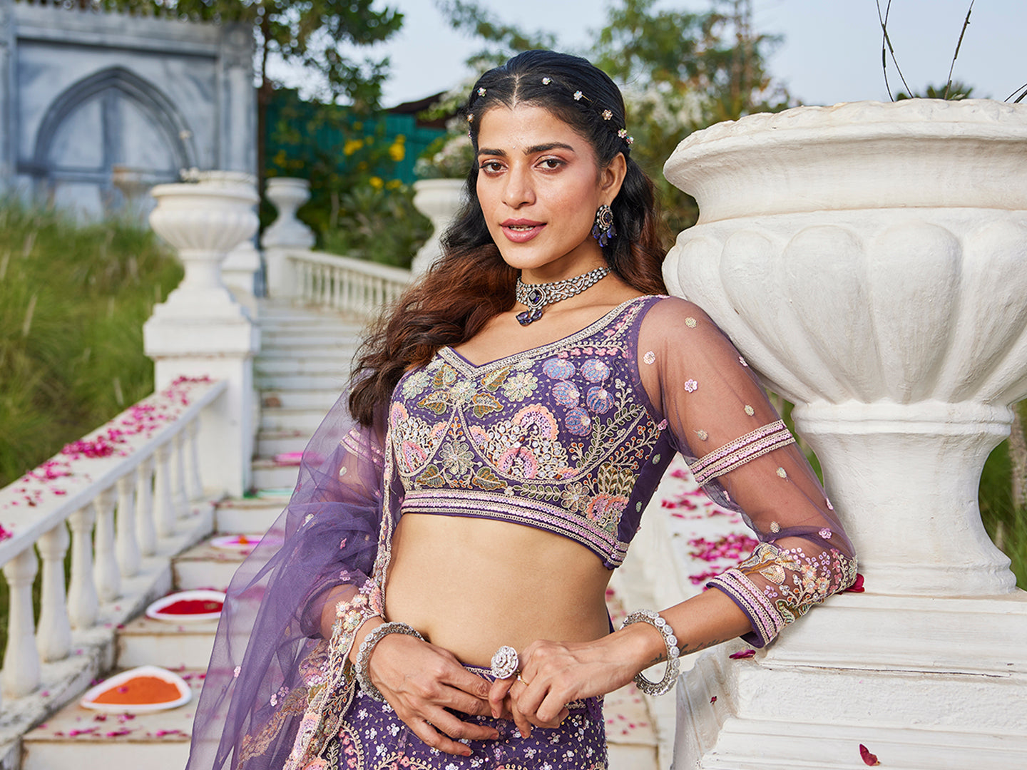 Purple net with Coding & Zarkan embroidery Lehenga choli & Dupatta