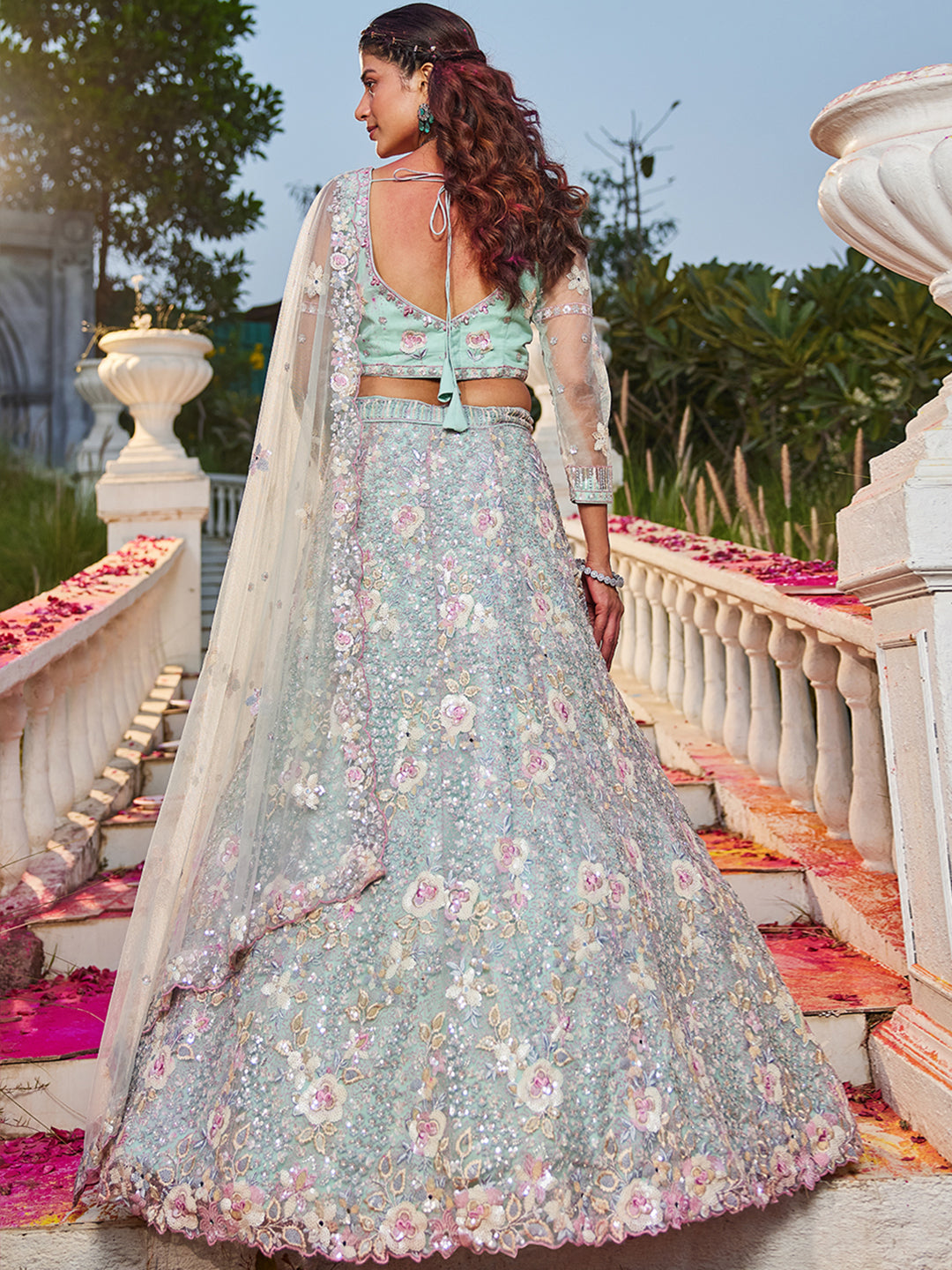 Sea Green net with Sequinse & Zarkan embroidery Lehenga choli & Dupatta