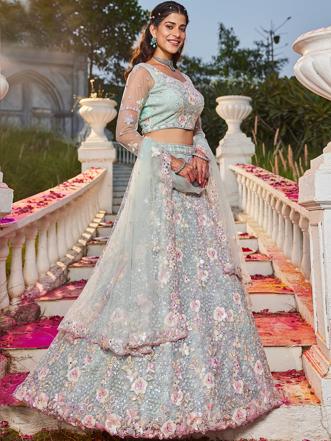 Sea Green net with Sequinse & Zarkan embroidery Lehenga choli & Dupatta