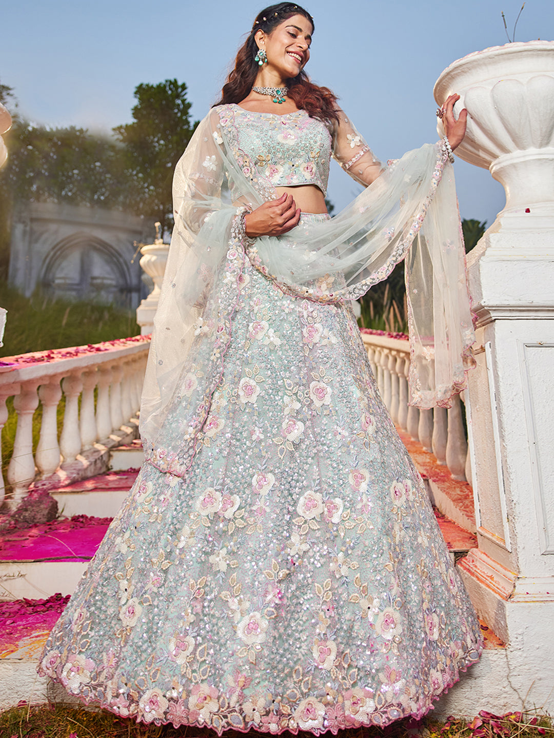 Sea Green net with Sequinse & Zarkan embroidery Lehenga choli & Dupatta