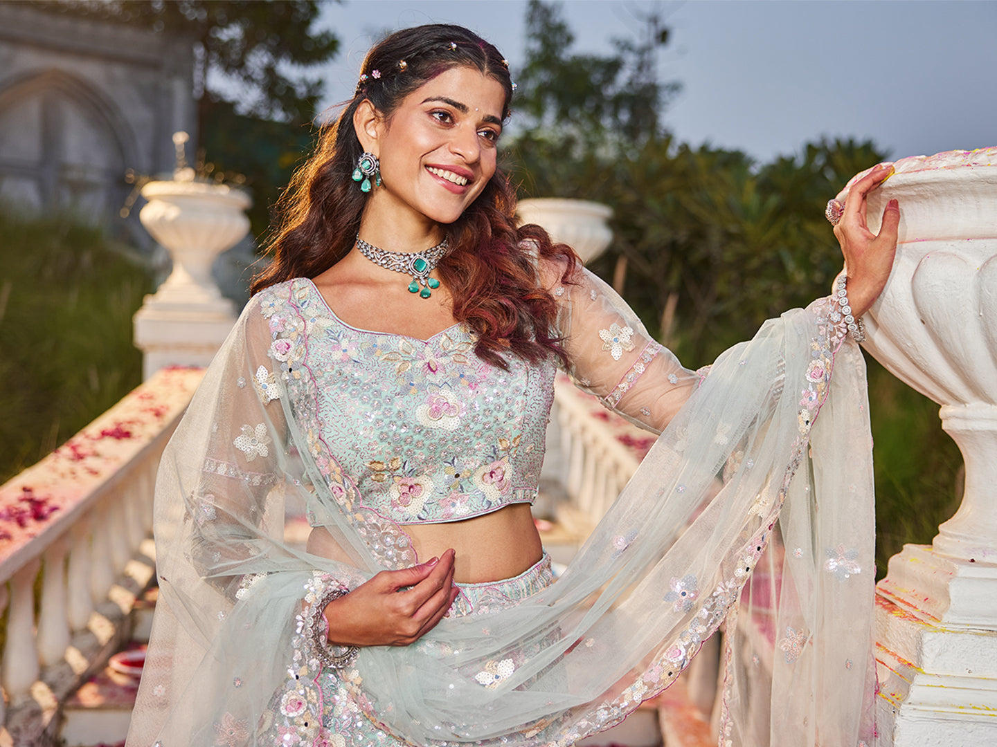 Sea Green net with Sequinse & Zarkan embroidery Lehenga choli & Dupatta