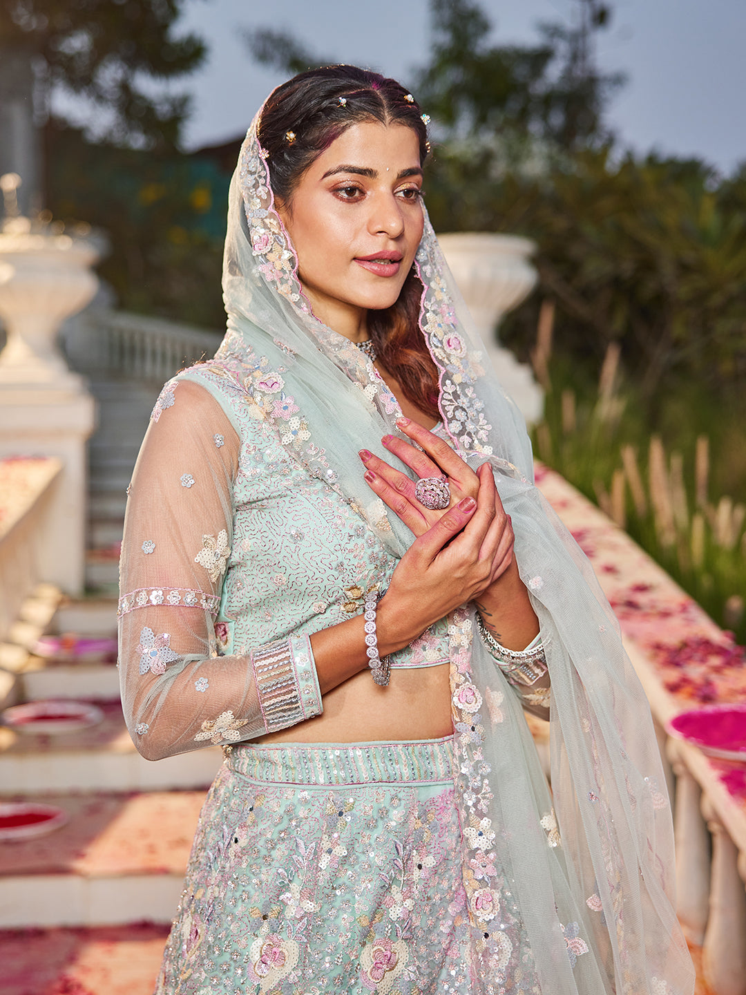 Sea Green net with Sequinse & Zarkan embroidery Lehenga choli & Dupatta