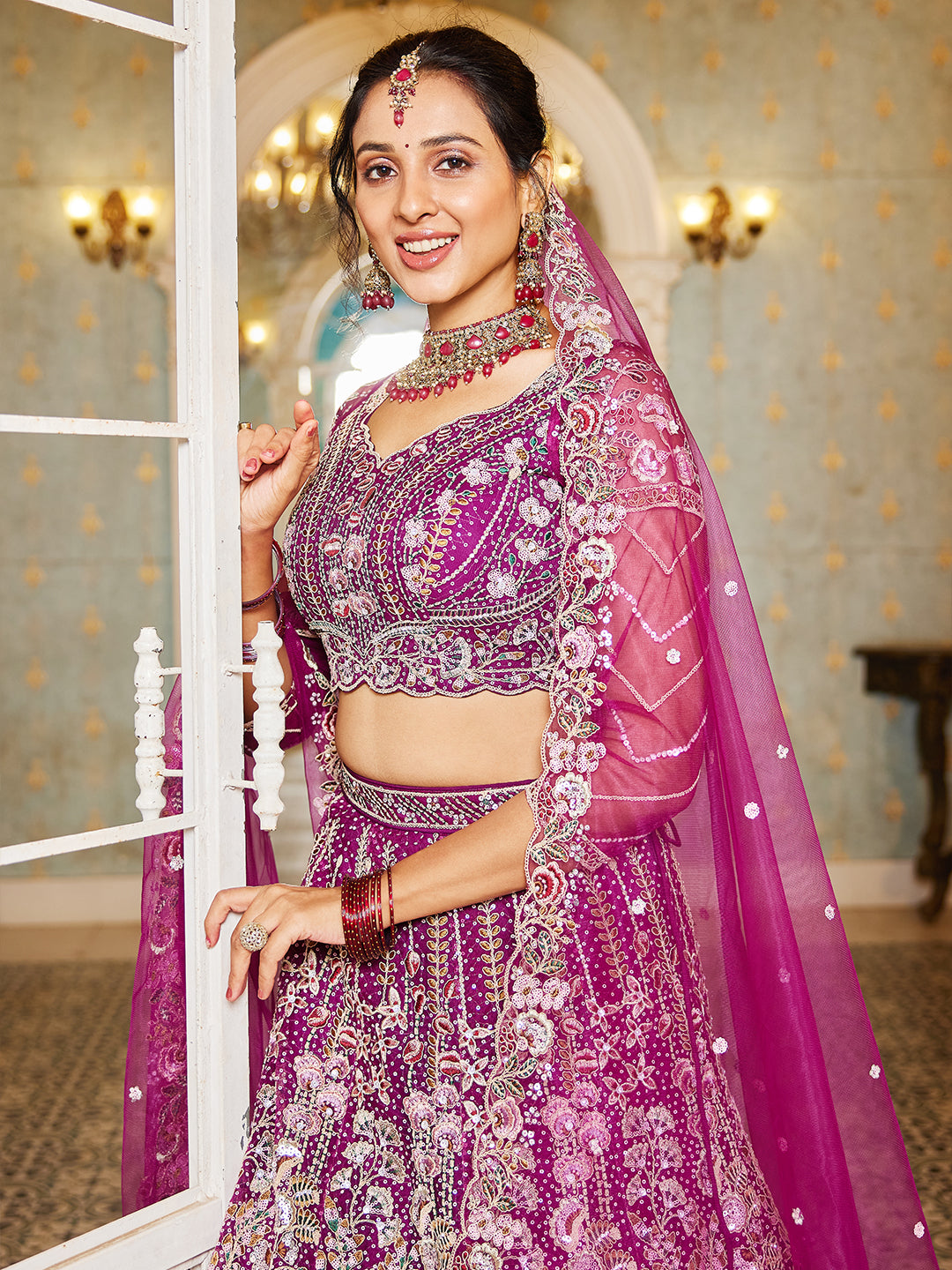 Burgundy net and Coding & Zarkan embroidery Lehenga choli & Dupatta