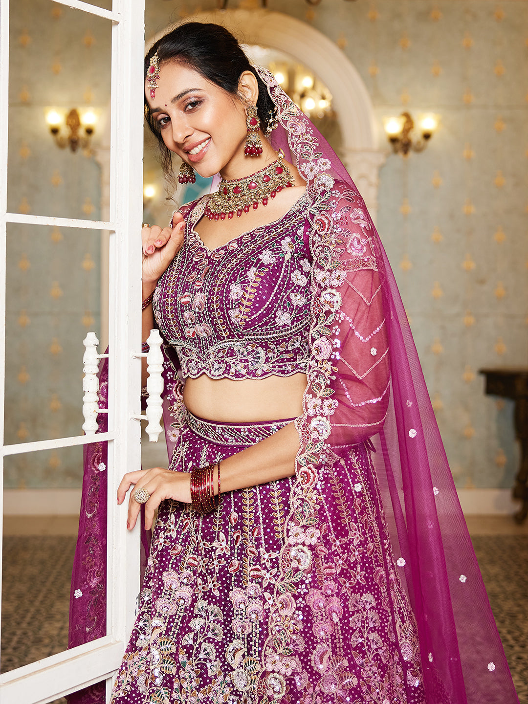 Burgundy net and Coding & Zarkan embroidery Lehenga choli & Dupatta