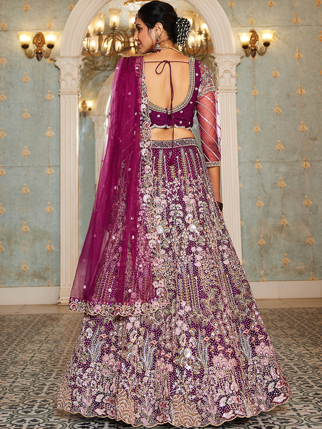 Burgundy net and Coding & Zarkan embroidery Lehenga choli & Dupatta