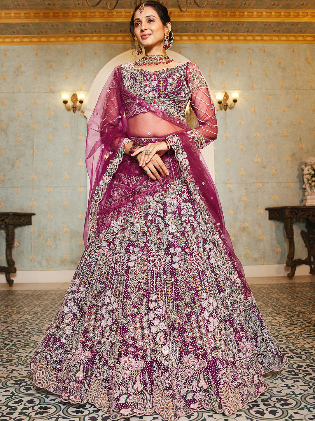 Burgundy net and Coding & Zarkan embroidery Lehenga choli & Dupatta