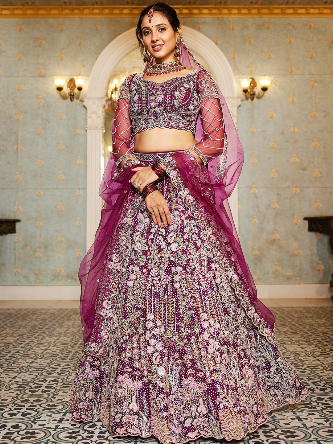Burgundy net and Coding & Zarkan embroidery Lehenga choli & Dupatta