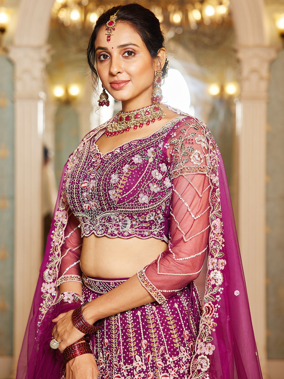 Burgundy net and Coding & Zarkan embroidery Lehenga choli & Dupatta
