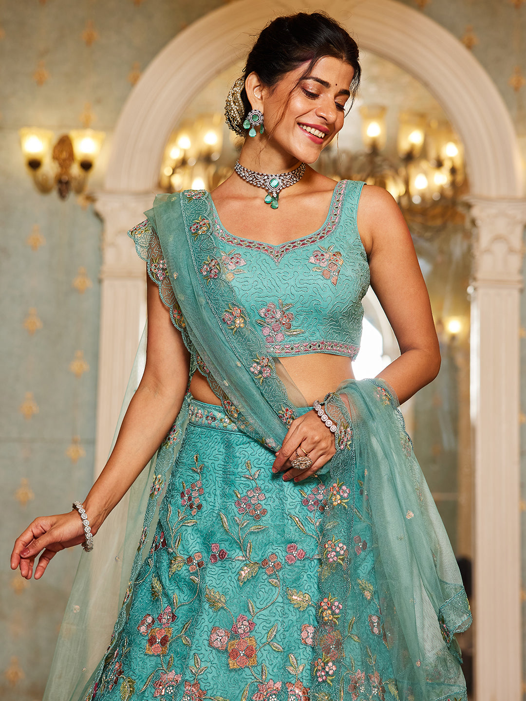 Lime Green net with Coding & Zarkan embroidery Lehenga choli & Dupatta