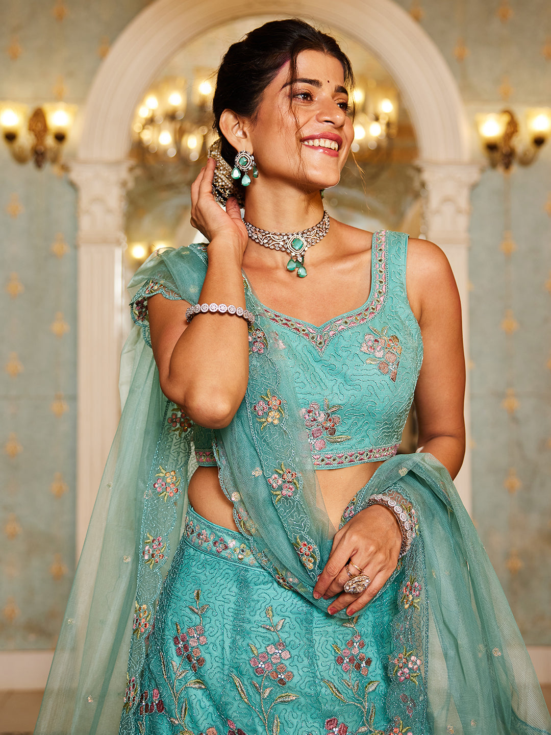 Lime Green net with Coding & Zarkan embroidery Lehenga choli & Dupatta