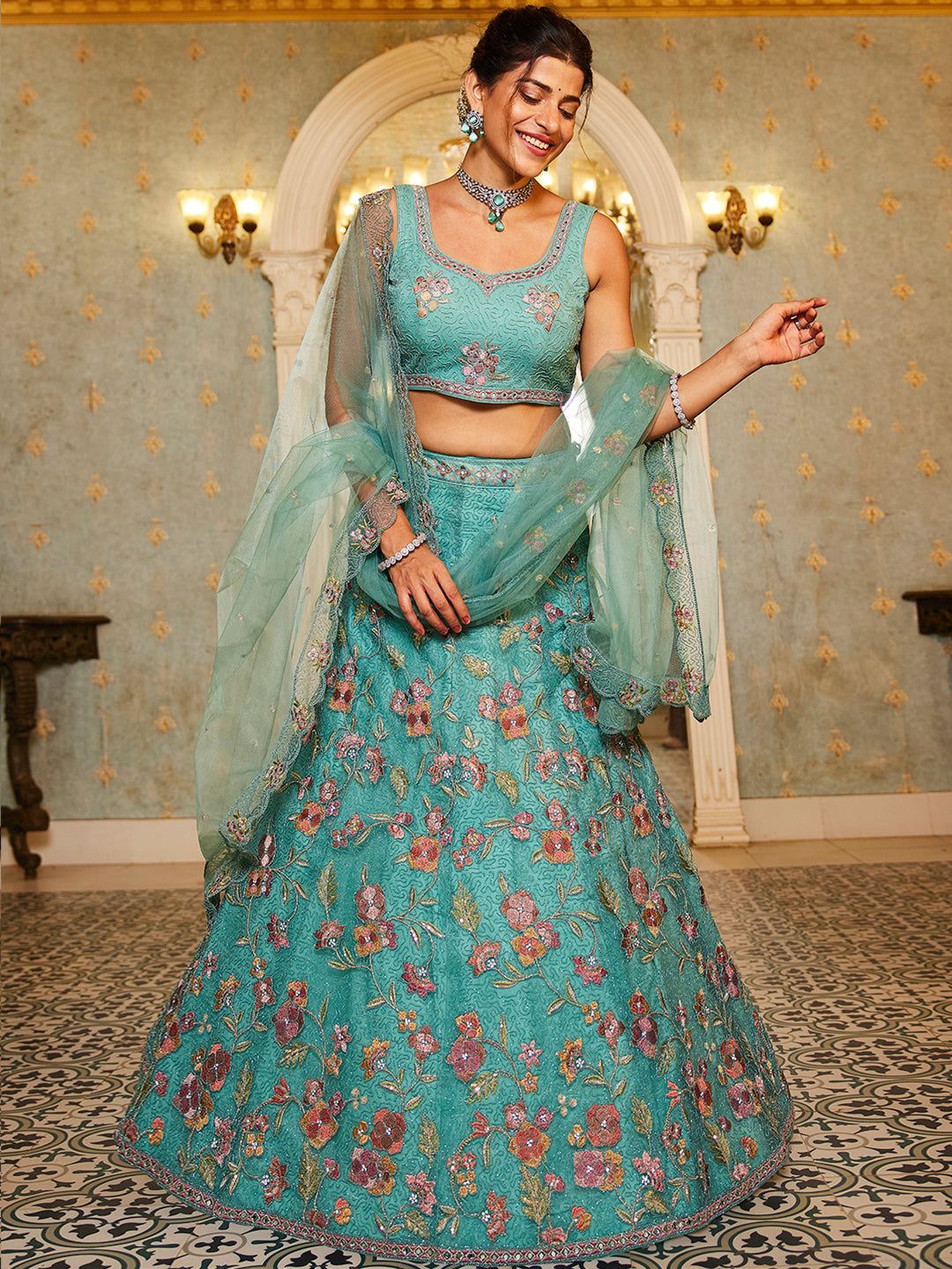 Lime Green net with Coding & Zarkan embroidery Lehenga choli & Dupatta