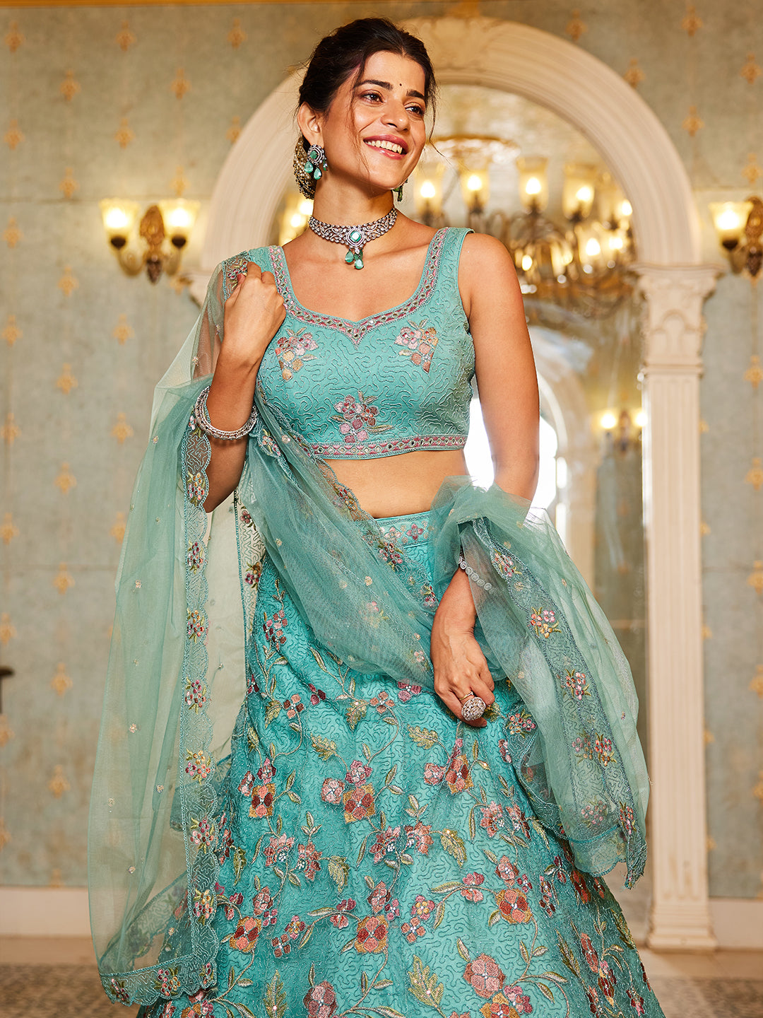 Lime Green net with Coding & Zarkan embroidery Lehenga choli & Dupatta