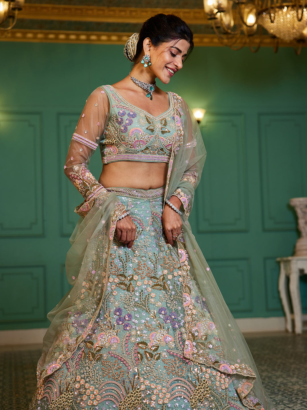 Lime Green net with Coding & Zarkan embroidery Lehenga choli & Dupatta