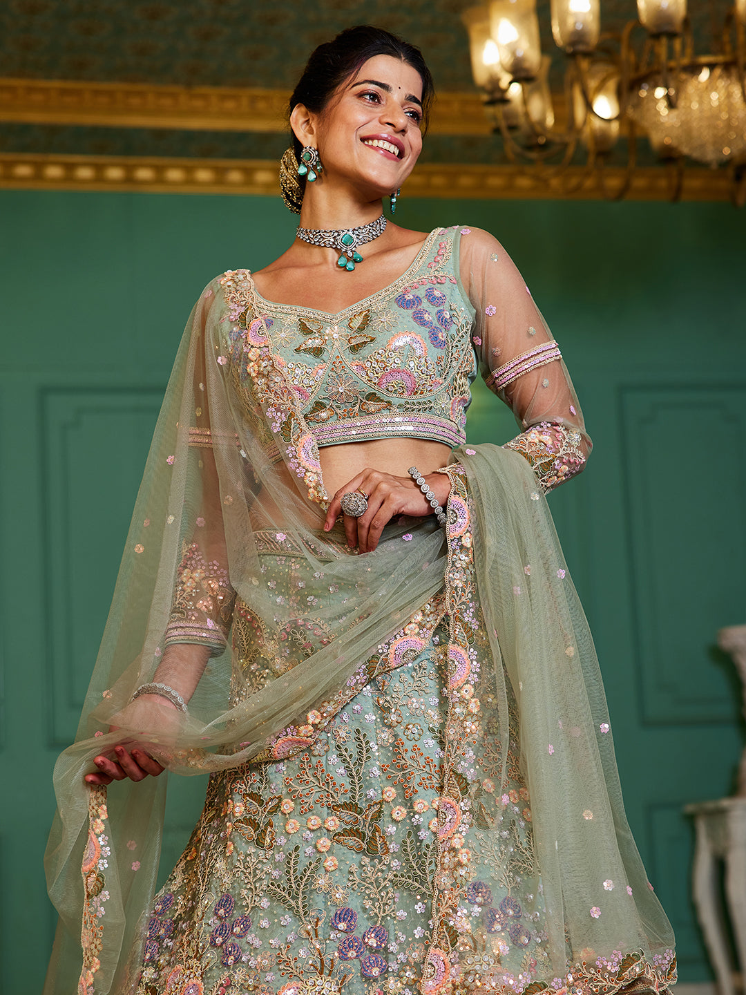 Lime Green net with Coding & Zarkan embroidery Lehenga choli & Dupatta