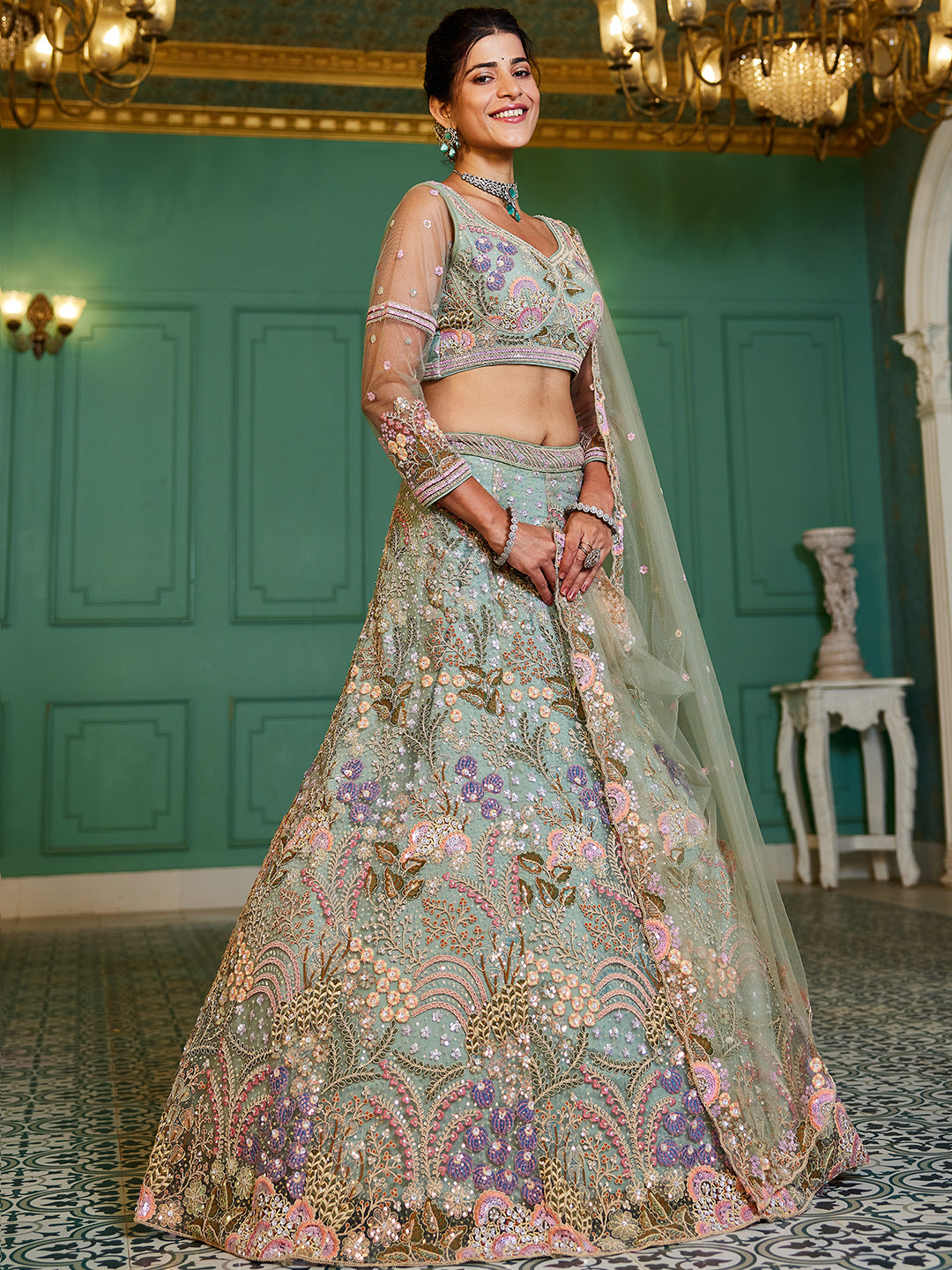 Lime Green net with Coding & Zarkan embroidery Lehenga choli & Dupatta