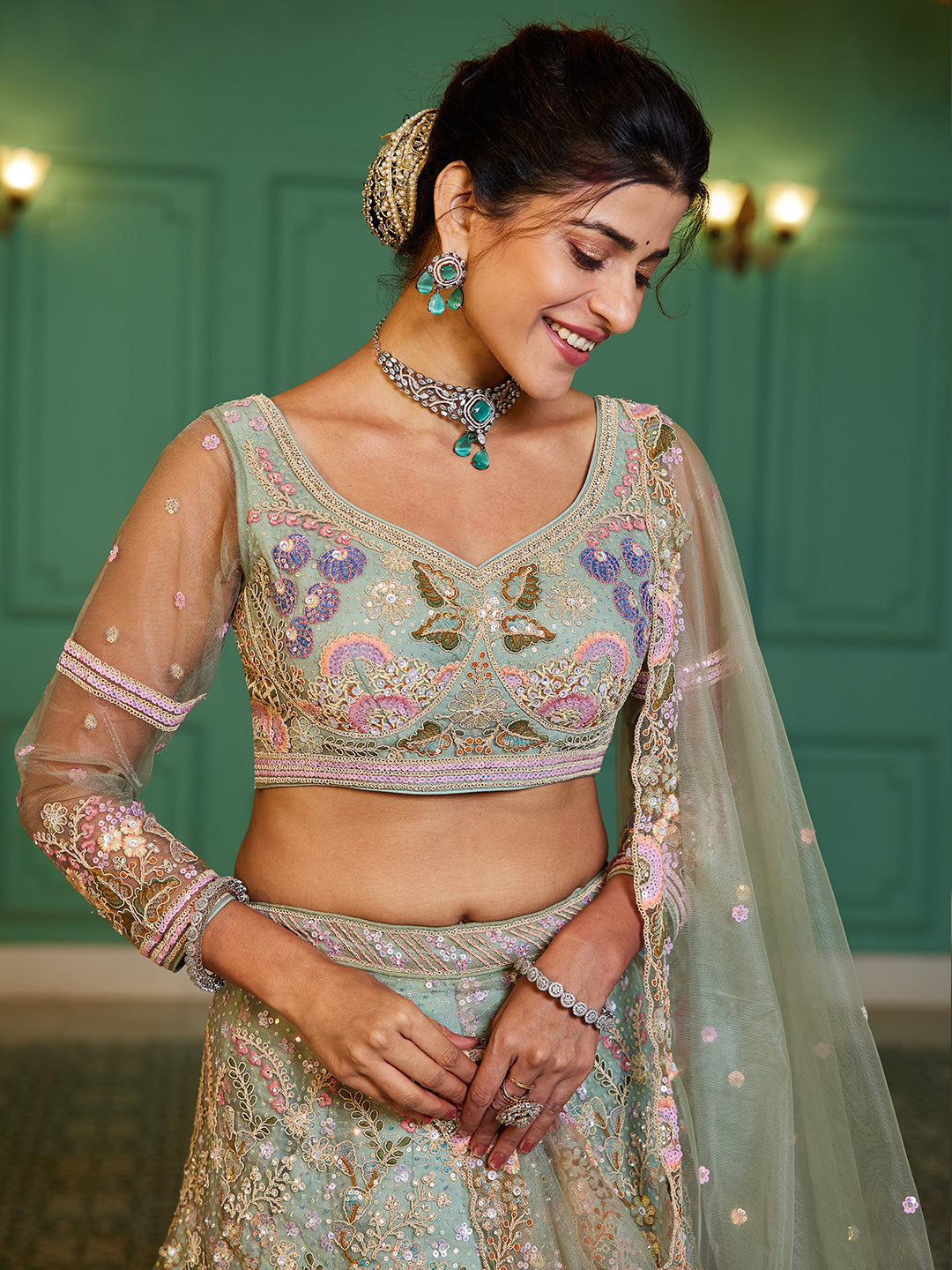 Lime Green net with Coding & Zarkan embroidery Lehenga choli & Dupatta