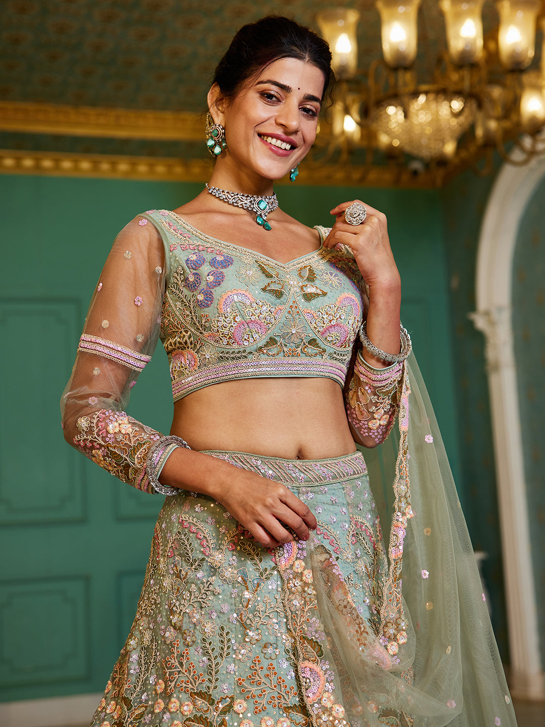 Lime Green net with Coding & Zarkan embroidery Lehenga choli & Dupatta