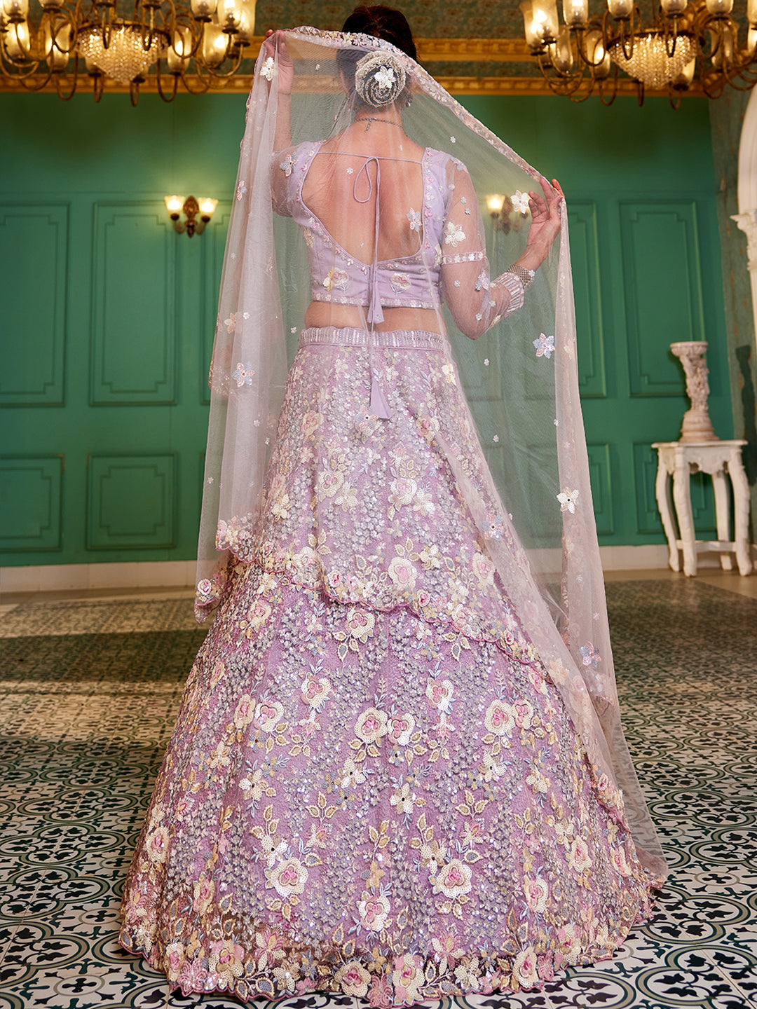 Mauve net with Sequinse & Zarkan embroidery Lehenga choli & Dupatta