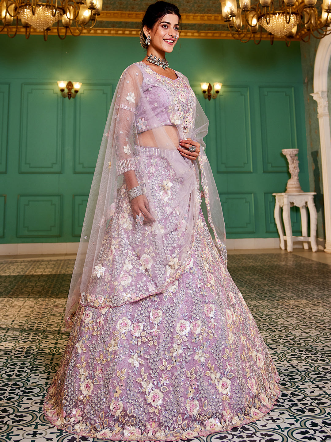 Mauve net with Sequinse & Zarkan embroidery Lehenga choli & Dupatta