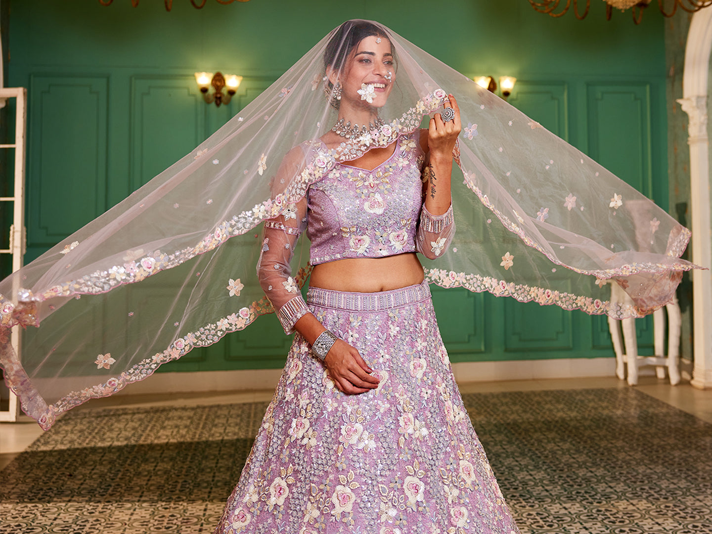 Mauve net with Sequinse & Zarkan embroidery Lehenga choli & Dupatta
