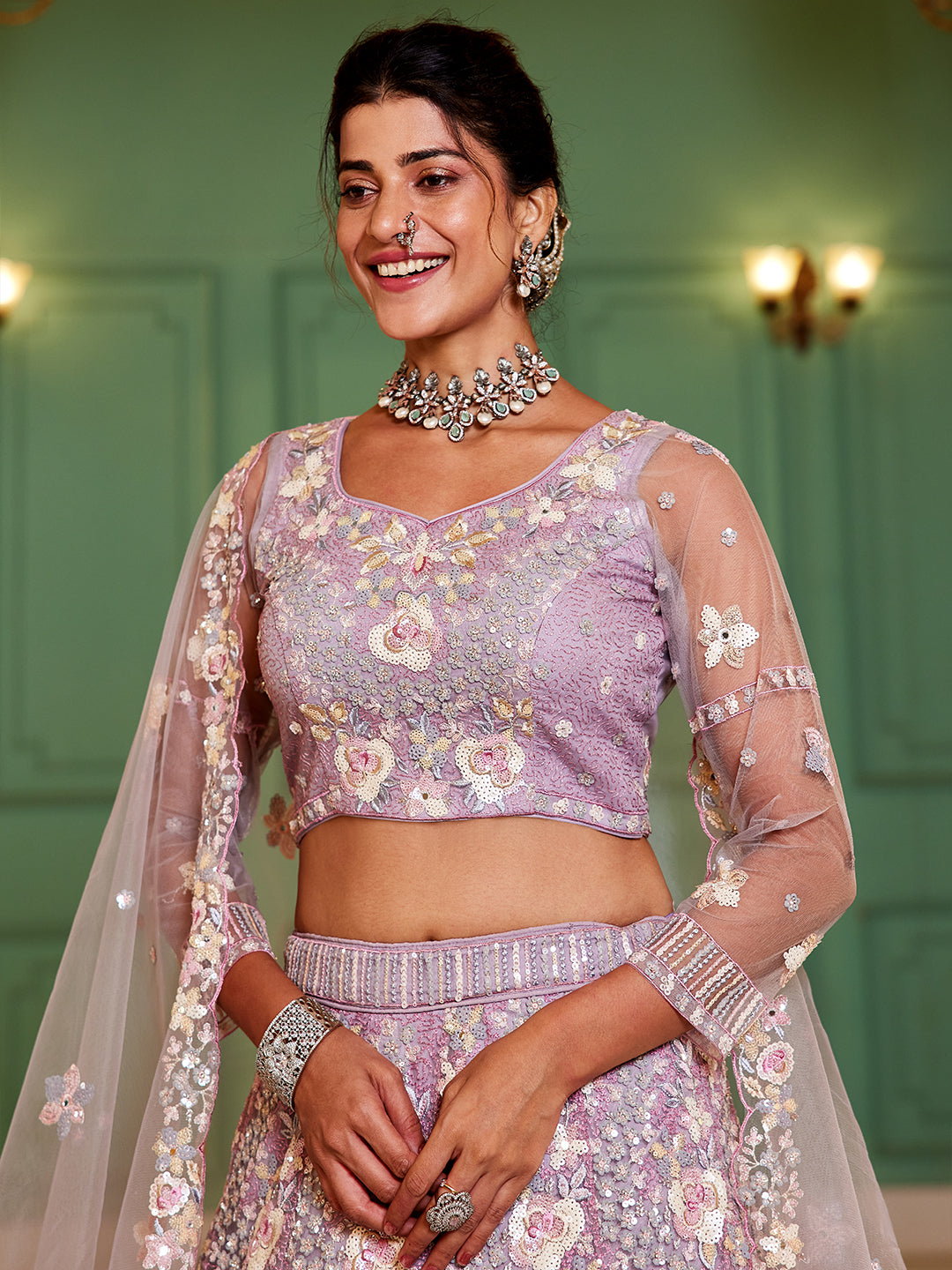 Mauve net with Sequinse & Zarkan embroidery Lehenga choli & Dupatta