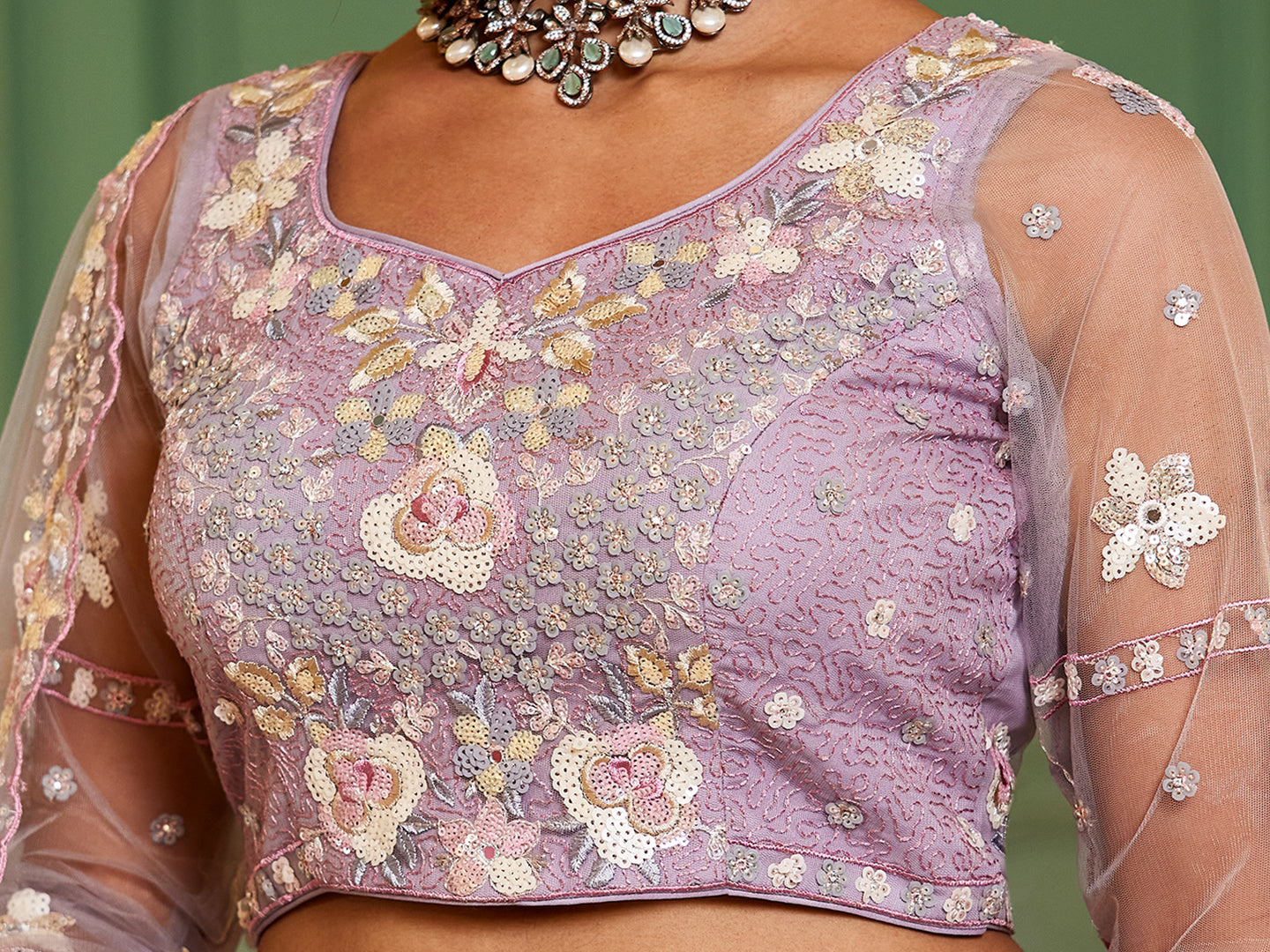 Mauve net with Sequinse & Zarkan embroidery Lehenga choli & Dupatta