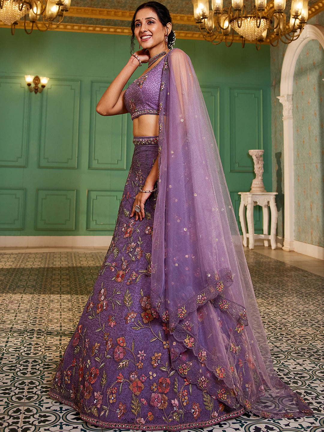 Purple blue net with Coding & Zarkan embroidery Lehenga choli & Dupatta