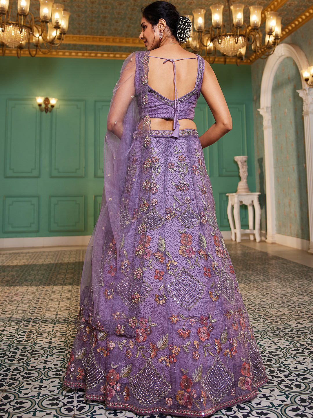 Lavender net with Coding & Zarkan embroidery Lehenga choli & Dupatta