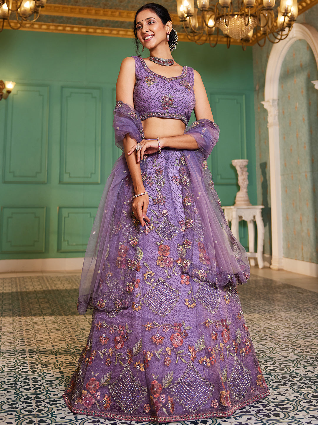 Lavender net with Coding & Zarkan embroidery Lehenga choli & Dupatta