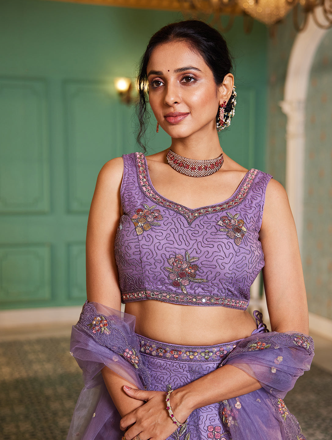 Lavender net with Coding & Zarkan embroidery Lehenga choli & Dupatta