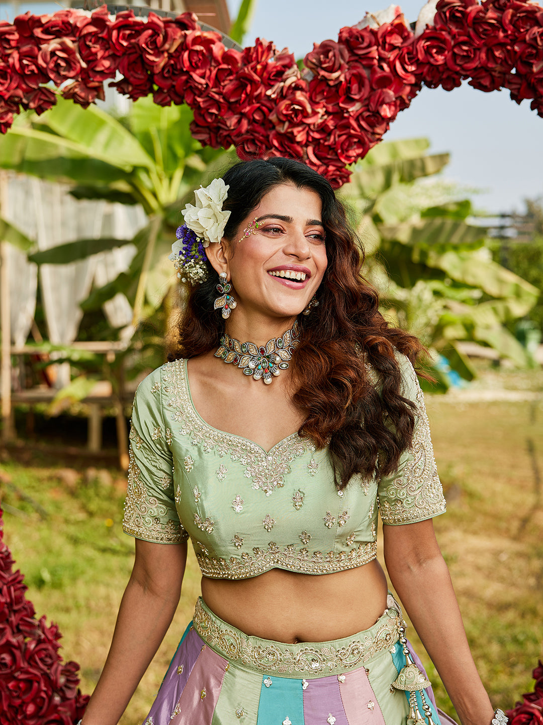 Multi colour Satin silk Fabric with Sequinse & Thread embroidery Lehenga choli & Dupatta