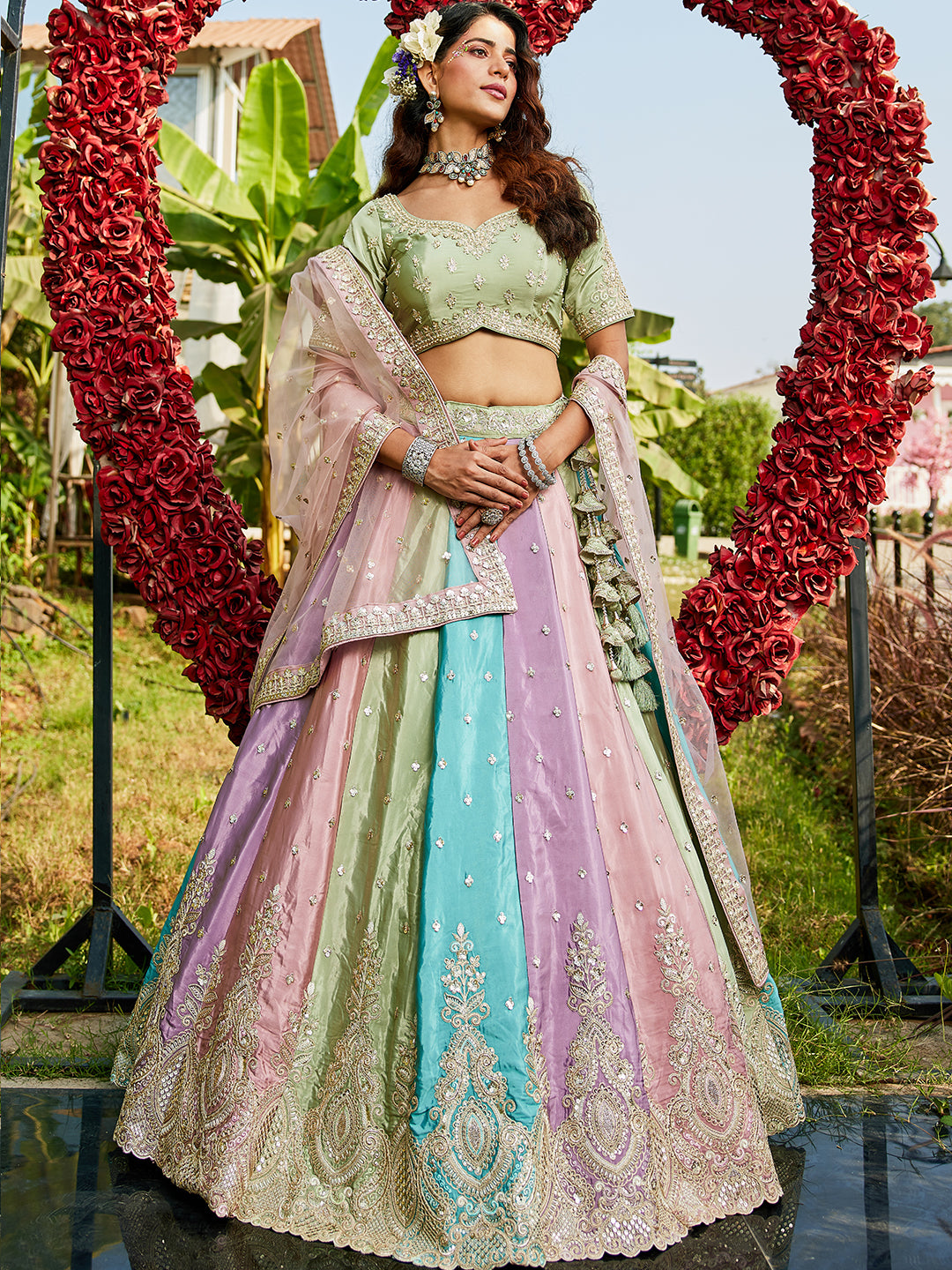 Multi colour Satin silk Fabric with Sequinse & Thread embroidery Lehenga choli & Dupatta