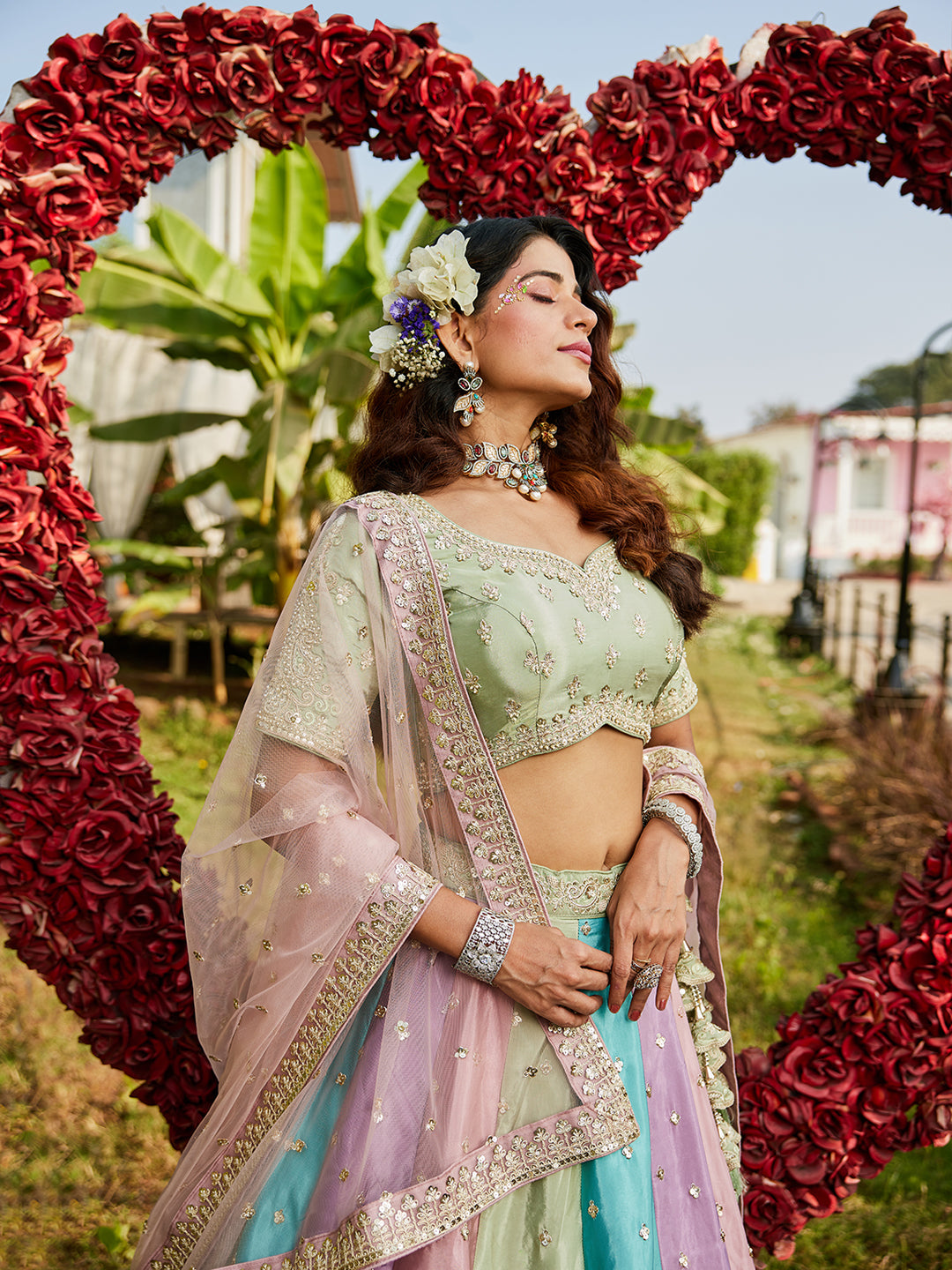 Multi colour Satin silk Fabric with Sequinse & Thread embroidery Lehenga choli & Dupatta