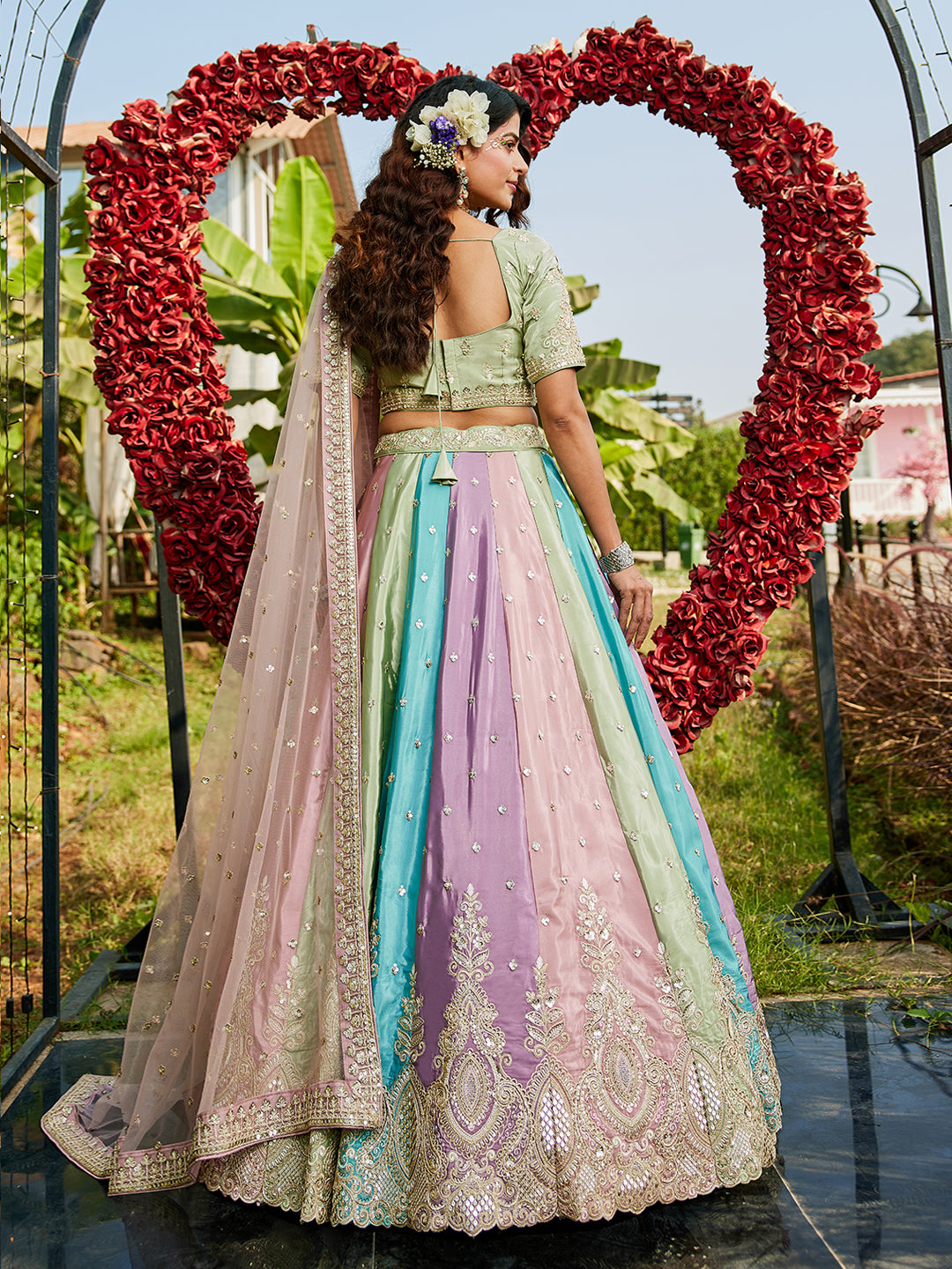 Multi colour Satin silk Fabric with Sequinse & Thread embroidery Lehenga choli & Dupatta