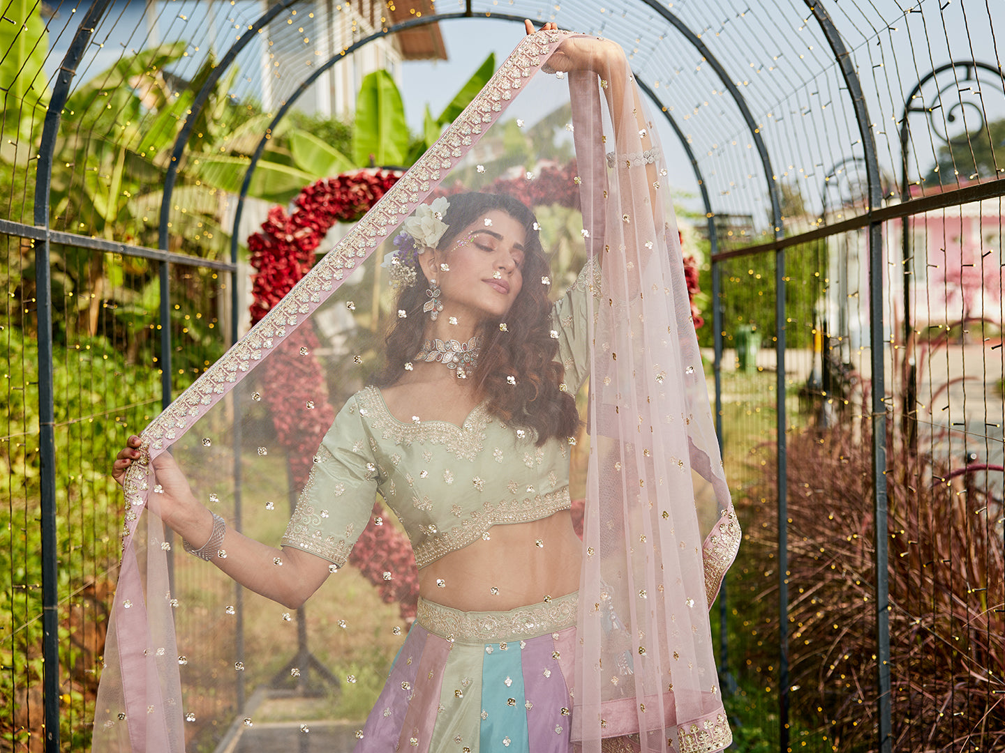 Multi colour Satin silk Fabric with Sequinse & Thread embroidery Lehenga choli & Dupatta