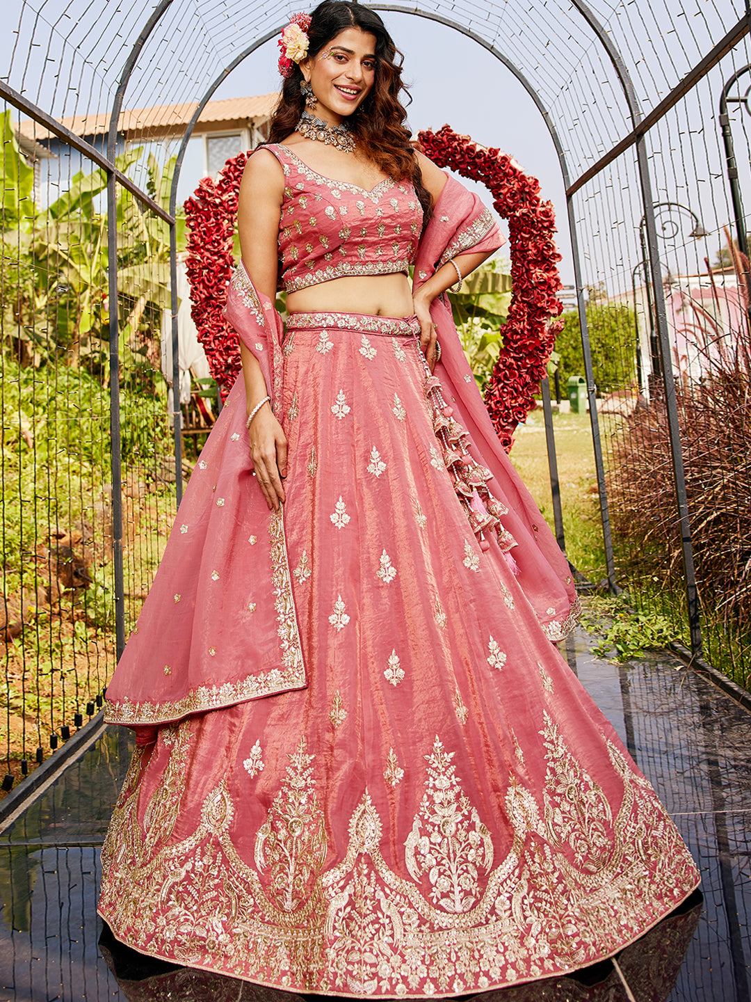 Pink colour Orange with Sequinse & Moti embroidery Lehenga choli & Dupatta