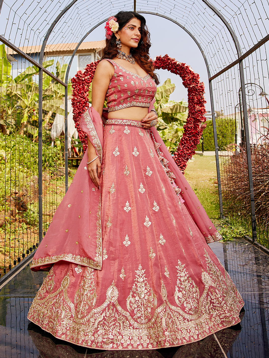 Pink colour Orange with Sequinse & Moti embroidery Lehenga choli & Dupatta
